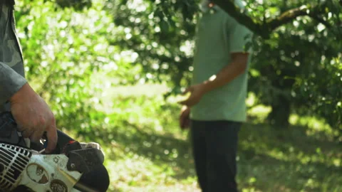 Farmer Carrying Chainsaw Through Orchard Stock Footage 327276435