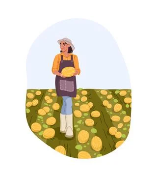 Farmer character in apron holding melon in field Stock Illustration