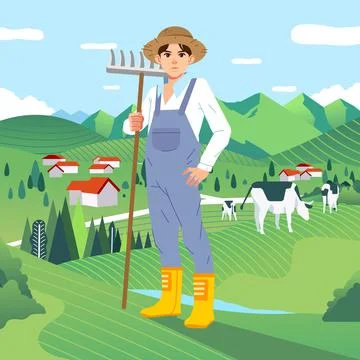 Farmer character standing while holding a straw fork and green grass with cow Stock Illustration