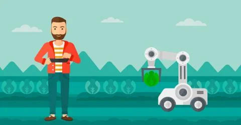 Farmer checking work of robot at the field. Stock Illustration