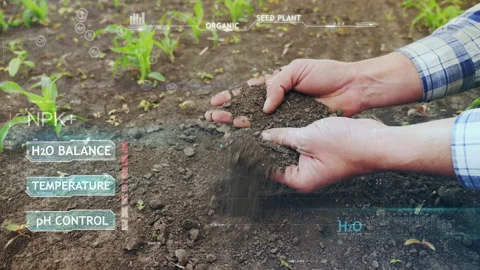 Farmer checks soil moisture in the field. Red indicator flashes Vidéo 133042014