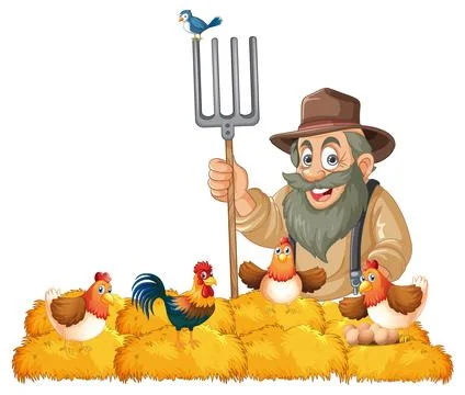 Farmer with Chickens and Haystack Stock Illustration