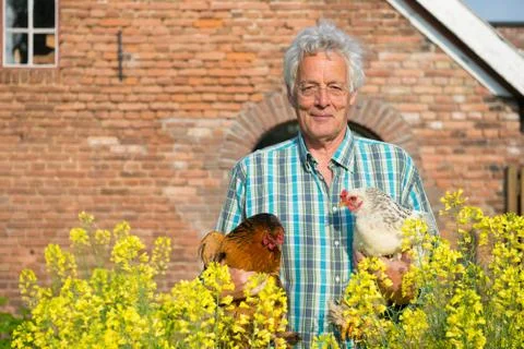Farmer with chickens Foto stock