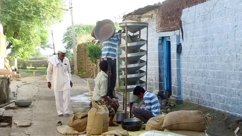 Farmer cleaning grains help of machine Stock Footage 77574309