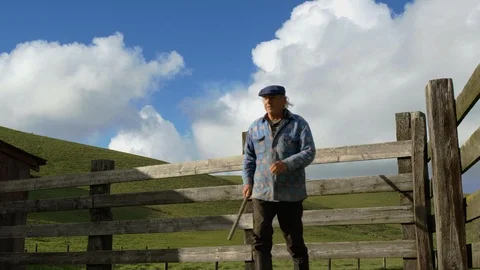 A farmer climbing over a fence. Видео 88373989