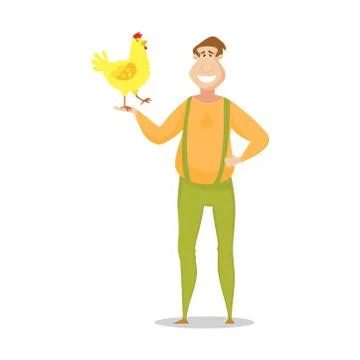 Farmer with a cute yellow chicken. Vector illustrations. Stock Illustration