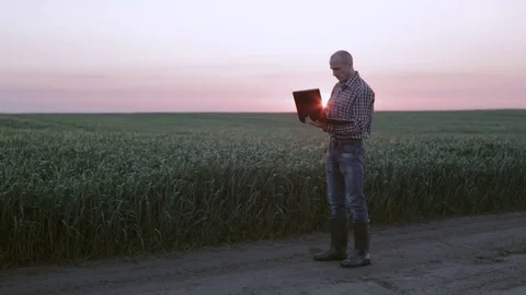 Farmer at dawn with a laptop computer making records 스톡 동영상 77144066