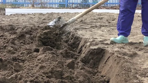 Farmer digging up the ground with a shovel Video stock 196991389