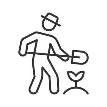 Farmer digging with shovel, icon in line design. Farmer, digging, shovel Stock Illustration