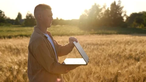 Farmer with digital tablet working in field smart farm in a field with wheat Stock Footage 201784734