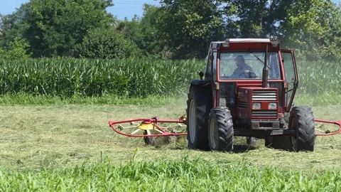 Farmer drives tedder closeup Stock-Footage 113570077