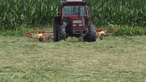 Farmer drives tedder Stock Footage 113569768