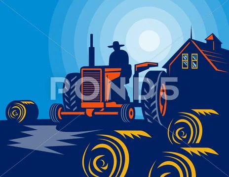 Farmer driving tractor hay bale farmhouse barn Stock Illustration