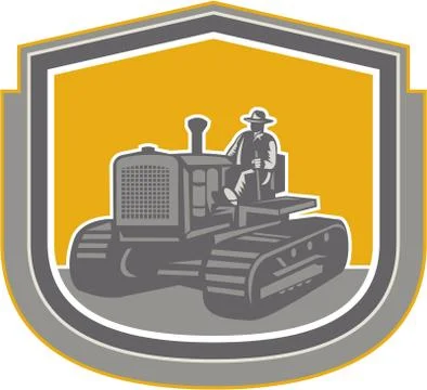 Farmer driving tractor plowing farm shield retro Stock Illustration