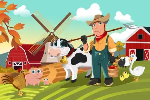 Farmer at the farm with animals Stock Illustration