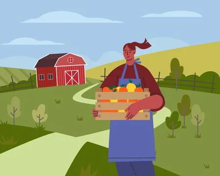Farmer on farm flat vector illustration. Agricultural worker harvesting crops Stock Illustration
