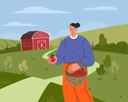 Farmer on farm flat vector illustration. Agricultural worker harvesting crops Illustrazione stock