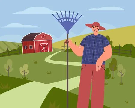Farmer on farm flat vector illustration. Agricultural worker with rake collects Stock Illustration