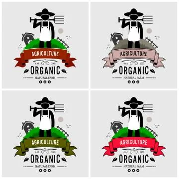 Farmer farming logo design. Vector artwork of a farmer posing in front of a c Stock Illustration