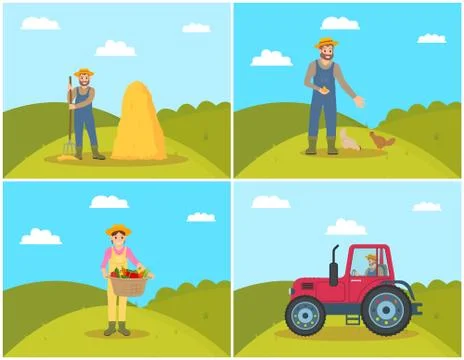 Farmer Feeding Hens on Field Vector Illustration Stock Illustration