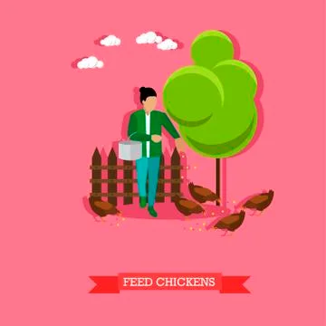 Farmer feeds the chickens, flat design Stock Illustration