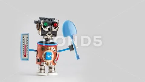 Farmer gardener robot with thermometer blue shovel in hands. Agriculture Stock Photos