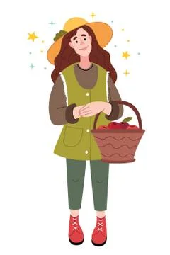 A farmer girl painted a basket of apples. Stock Illustration
