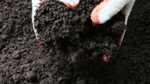 Farmer hand testing organic soil by pouring to below slow motion shot Stock Footage 199218971