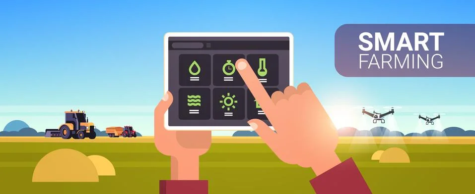 Farmer hands using tablet controling tractor and drone sprayer on field smart Illustrazione stock