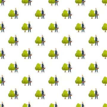 Farmer harvesting fruit from a tree repeating pattern Stock Illustration