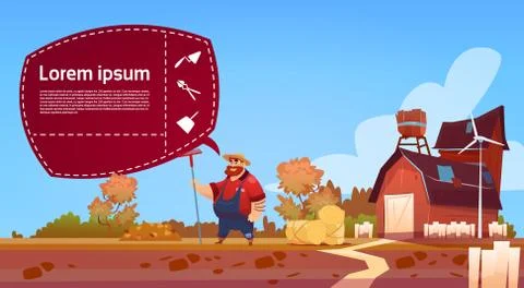 Farmer Hold Rake Work On Field Cartoon Character Country Man Near Farm Building Ilustración de archivo