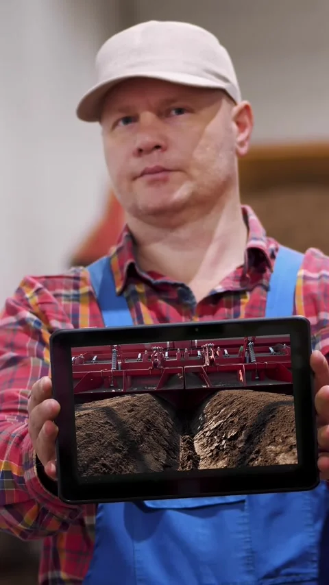 Farmer holds digital tablet in hands on background of potato storage warehouse. Stock Footage 306484220