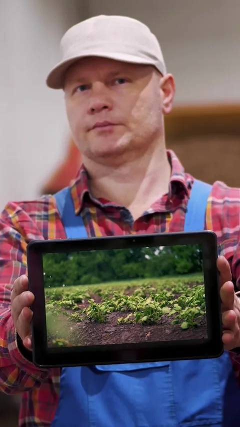 Farmer holds digital tablet in hands on background of potato storage warehouse. Video stock 313246426