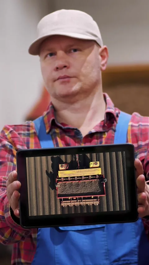 Farmer holds digital tablet in hands on background of potato storage warehouse. Video stock 314115888