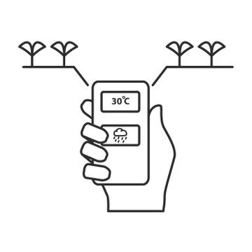 Farmer holds a smartphone with data from a drone about plants. Stock Illustration