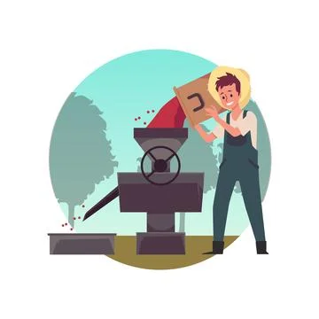 Farmer is hulling coffee beans using production equipment a vector illustrati Illustrazione stock