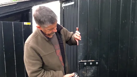 A farmer inspects a damaged padlock destroyed during a barn break in. Stock Footage 204725958