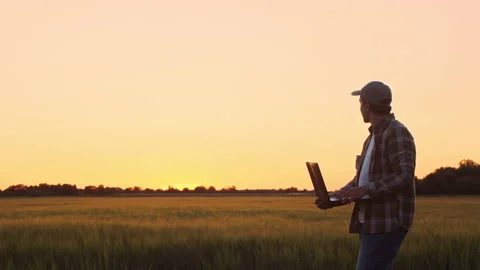 Farmer with a laptop computer in front of a sunset agricultural landscape. Man Stock Footage 202260711