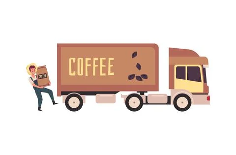 Farmer loading bags with coffee into van flat vector illustration isolated. Illustrazione stock