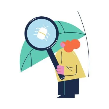 Farmer looking close at green leaf in garden with magnifier Stock Illustration