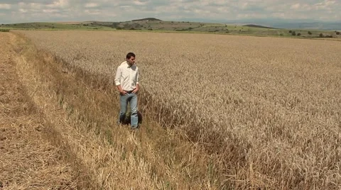 Farmer Looking at a Wheat Field Work Satisfaction Concept Stock Footage 42046263