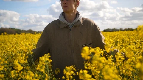 Farmer man walking through yellow rapeseed crop feild Stock Footage 90767701