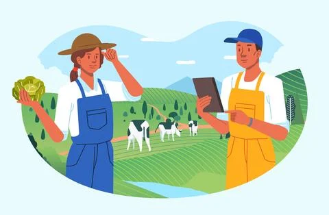 Farmer man woman using technology and tablet for their farm modern agriculture Illustrazione stock