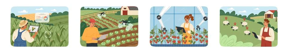 A farmer monitors crops using a tablet while another tends to vegetables. Inside Illustrazione stock