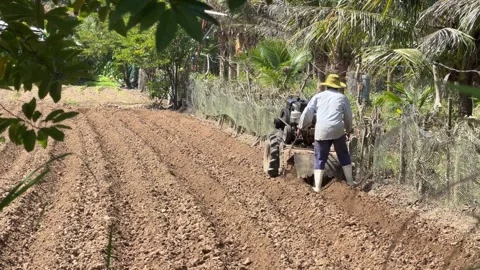 A farmer operates a small motorized plow turning soil on a rural agricultural Vídeo Stock 325849673