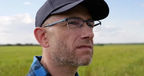 Farmer pauses in wheat field while looking toward distant horizon. Vertical Stock Footage 343097350