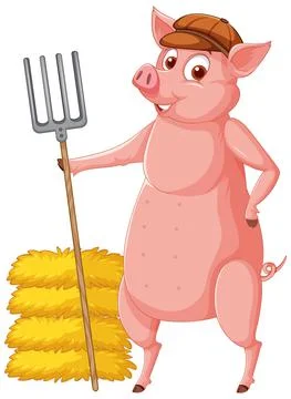 Farmer pig holding rake with haystack Stock Illustration