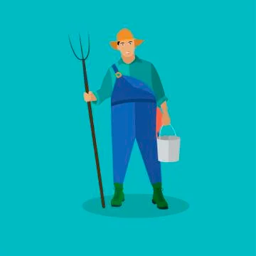 Farmer with pitchfork and bucke. Vector illustration in flat style Stock Illustration