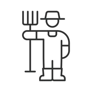 Farmer with pitchfork icon in line design. Agriculture, farming, rural, work Stock Illustration