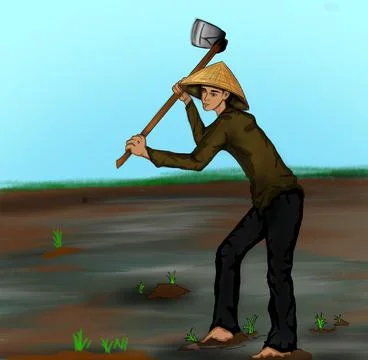 The farmer is plowing the field with a hoe Stock Illustration